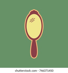 Hand Mirror sign. Vector. Cordovan icon and mellow apricot halo with light khaki filled space at russian green background.