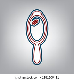 Hand Mirror sign. Vector. Dark red, transparent and midnight green stroke of white icon at grayish background.