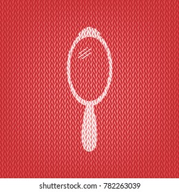 Hand Mirror sign. Vector. Knitted white icon on a red knitted background.