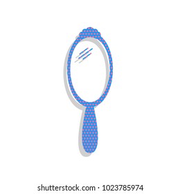 Hand Mirror sign. Vector. Neon blue icon with cyclamen polka dots pattern with light gray shadow on white background. Isolated.