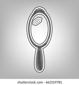 Hand Mirror sign. Vector. Pencil sketch imitation. Dark gray scribble icon with dark gray outer contour at gray background.