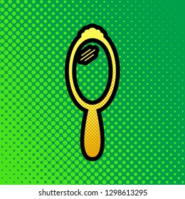 Hand Mirror sign. Vector. Pop art orange to yellow dots-gradient icon with black contour at greenish background.