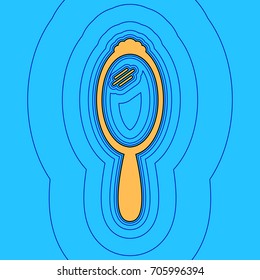 Hand Mirror sign. Vector. Sand color icon with black contour and equidistant blue contours like field at sky blue background. Like waves on map - island in ocean or sea.
