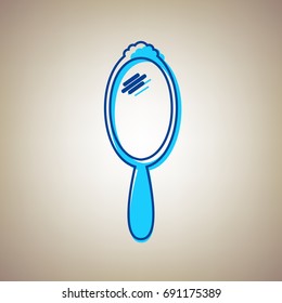 Hand Mirror sign. Vector. Sky blue icon with defected blue contour on beige background.