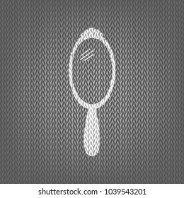 Hand Mirror sign. Vector. White knitted icon on gray knitted background. Isolated.
