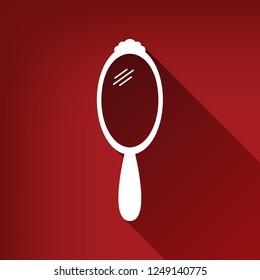 Hand Mirror sign. Vector. White icon with limitless shadow at ruby red background.
