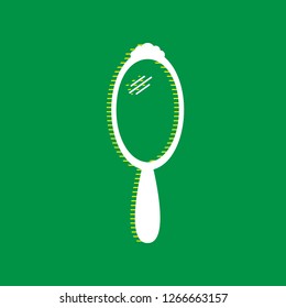 Hand Mirror sign. Vector. White flat icon with yellow striped shadow at green background.