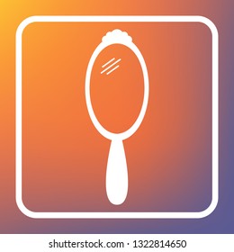 Hand Mirror sign. Vector. White icon on transparent button at orange-violet gradient background.
