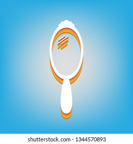 Hand Mirror sign. Vector. White icon with 3d warm-colored gradient body at sky blue background.