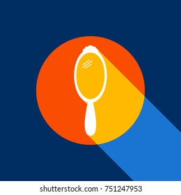 Hand Mirror sign. Vector. White icon on tangelo circle with infinite shadow of light at cool black background. Selective yellow and bright navy blue are produced.