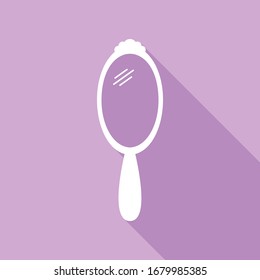 Hand Mirror sign. White Icon with long shadow at purple background. Illustration.