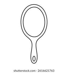 Hand mirror vector illustration. Hand-drawn doodle style oval beauty mirror with handle. Black line art isolated on white background.