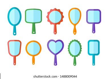 Hand mirrors with light reflection. Blank handheld makeup mirrors. Flat icon set. Female beauty accessories. Isolated objects on white background