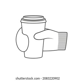 Hand in mitten hold a paper coffee cup with a lid. Coffee with wallpaper in winter. Vector linear illustration isolated on white background