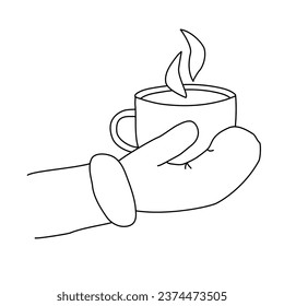 Hand in mitten holding a cup of coffee with steam, doodle style vector outline for coloring book