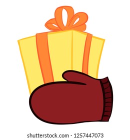Hand in mitten with present