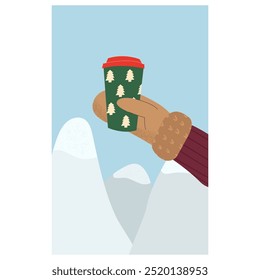 A hand in mittens holds a cup of coffee with with christmas tree design. Set of winter  banners, poster. Perfect for seasonal promotions, social media posts and store displays.