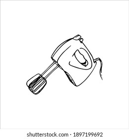 Hand mixer for cooking. Hand-drawn illustration in line graphics. For beating eggs, dough, cream and cream. Appliances for vegetarians and vegans. Household appliances for cooking healthy food.