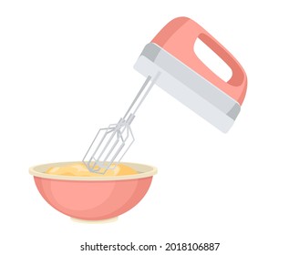 Hand Mixer and Dough in Bowl, Kitchen Appliance, Equipment for Cooking, Mixing Ingredients for Bakery. Kitchenware Electric Culinary Tool Isolated on White Background. Cartoon Vector Illustration