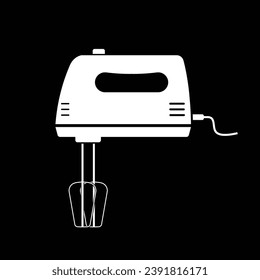 Vector de silueta plana de mezclador manual aislado sobre fondo negro. Icono de la silueta de utensilios de cocina eléctrica. Icono blanco y negro para web, etiqueta, etiqueta. Aparatos de cocina, electrodomésticos, aparatos, cocina