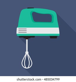 hand mixer icon or button in flat style with long shadow, isolated vector illustration on blue transparent background