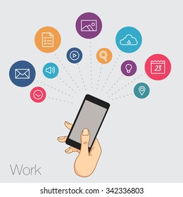 Hand with mobile app icons. Internet trend of online app in mobile smartphone. Vector icons app of cloud service and technology for mobile phone. Online app for internet surfing in mobile phone.  