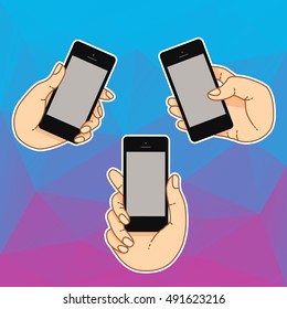 Hand with mobile app icons. Internet trend of online app in mobile smartphone. Vector icons app of cloud service and technology for mobile phone. Online app for internet surfing in mobile phone.