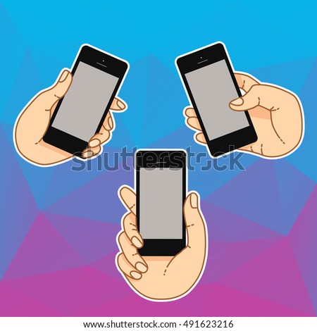 Hand with mobile app icons. Internet trend of online app in mobile smartphone. Vector icons app of cloud service and technology for mobile phone. Online app for internet surfing in mobile phone.