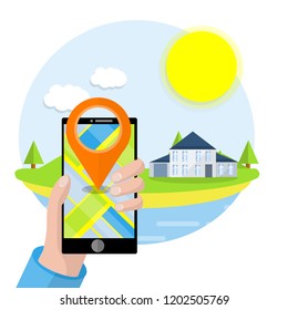 Hand with a mobile app to search for holiday home rentals. Country cottage. Path route search Navigator. Outdoor recreation. Mini hotel on the sea and lake
