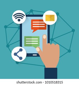 hand with mobile chatting speech bubbles internet