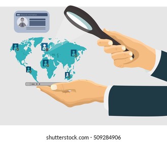 Hand with a mobile device magnifying glass search network concept illustration. Search hands with mobile phone and magnifying glass worldwide mobile. Vector illustration in flat design.