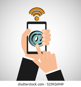 hand with mobile device wifi mail vector illustration eps 10