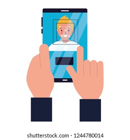 hand with mobile face scan man