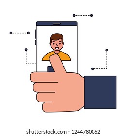 hand with mobile face scan man