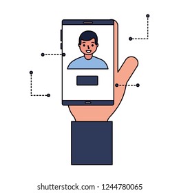 hand with mobile face scan man