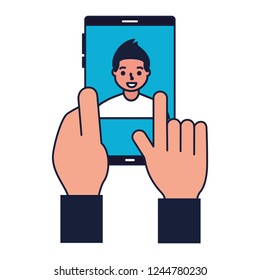 hand with mobile face scan man