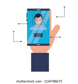 hand with mobile face scan man
