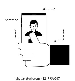 hand with mobile face scan man