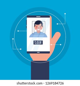 hand with mobile face scan man
