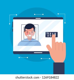 hand with mobile face scan man