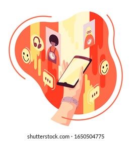 Hand with mobile phone with mobile app opened on it. Conceptual  illustration of people communicating on social media and messengers.