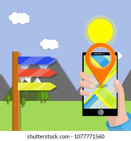 hand with mobile phone with card. route search in the Navigator on the natural landscape. tourist travel to the country. wooden index plate road signs directoin - cartoon illustration
