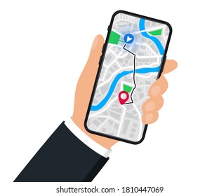 Hand with mobile phone with digital navigation. Map with point, GPS navigation. Mobile GPS Navigation app on touch screen smartphone for web sites, banners. World Map