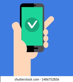 hand with mobile phone with green screen. Approval of the transaction. vector