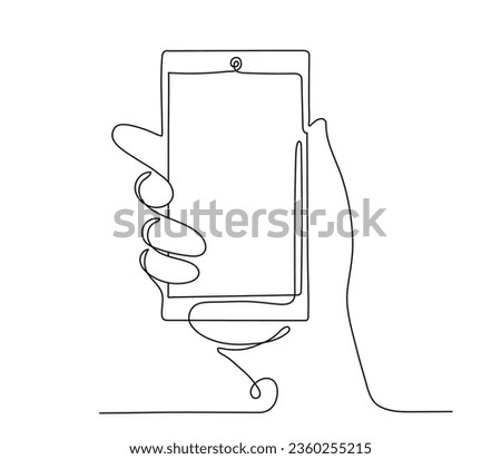 Hand with mobile phone linear. Minimalistic creativity and art. User with smartphone. Gadget and device, electronics industry. Line flat vector illustration isolated on white background