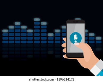 Hand with mobile phone with microphone button and intelligent technologies in flat style.  Personal assistant and voice recognition concept. Vector Illustration EPS10