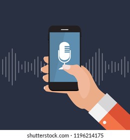 Hand with mobile phone with microphone button and intelligent technologies in flat style.  Personal assistant and voice recognition concept. Vector Illustration EPS10