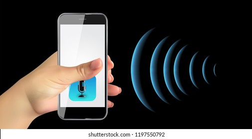Hand with mobile phone with microphone button and intelligent technologies in flat style.  Personal assistant and voice recognition concept. Vector Illustration EPS10