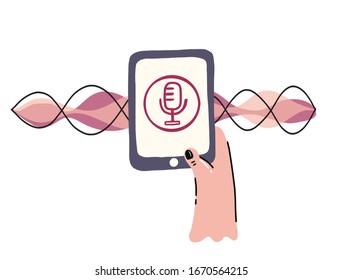 Hand with mobile phone with microphone button and sound wave. Intelligent technologies in doodle style. Personal assistant and voice recognition concept.