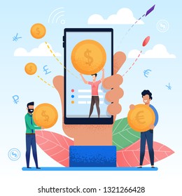 Hand with Mobile Phone. On Display Man with Coin. Blue Background Man Stand with Cent. Mobile Application that Brings Revenue. Small Income on Internet Through Smartphone. Vector Illustration.